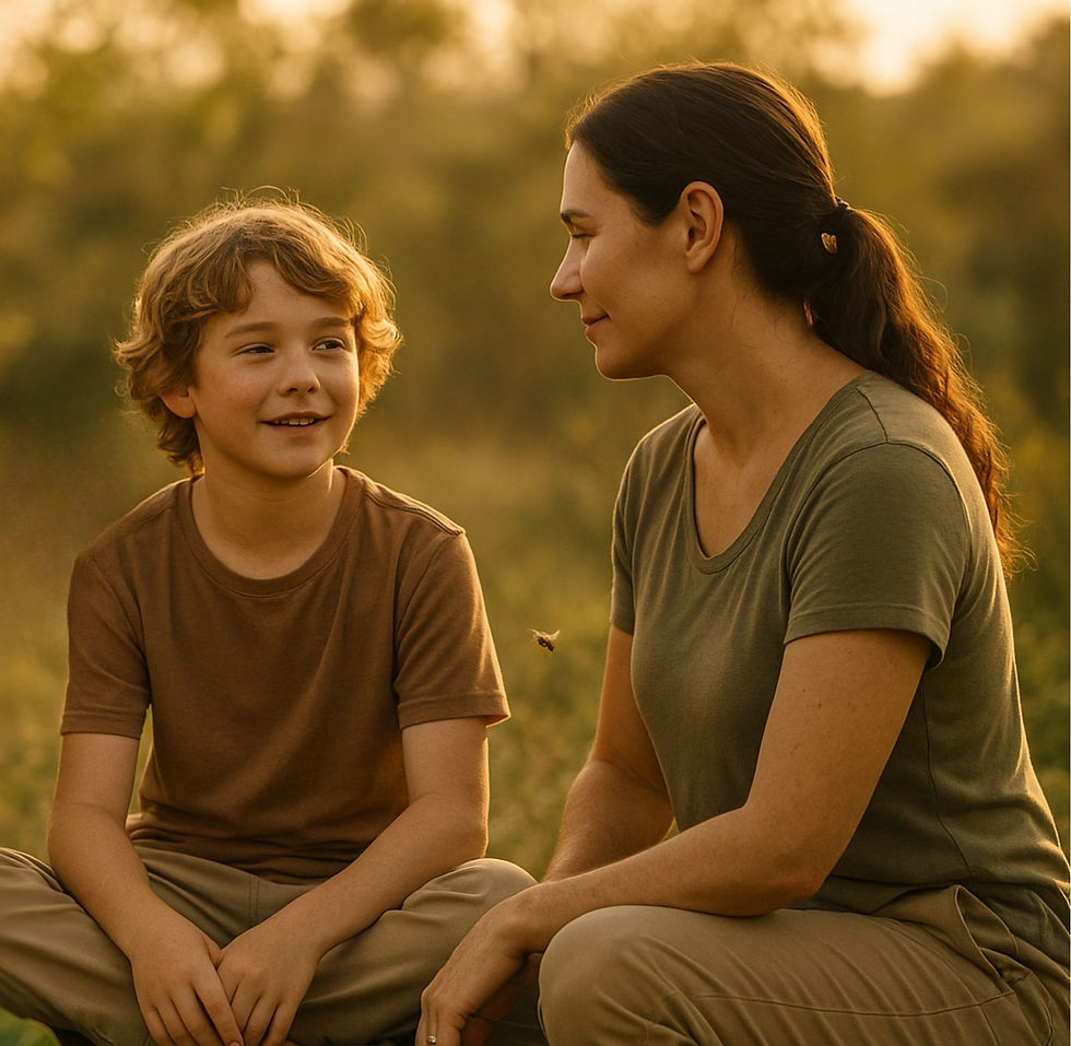 Boy talking to his mother while she listens beside him in a park.