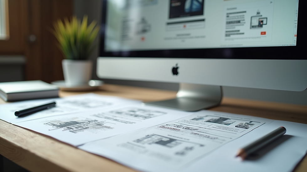 Close-up of a designer’s workspace with sketches and a computer screen showing website wireframes