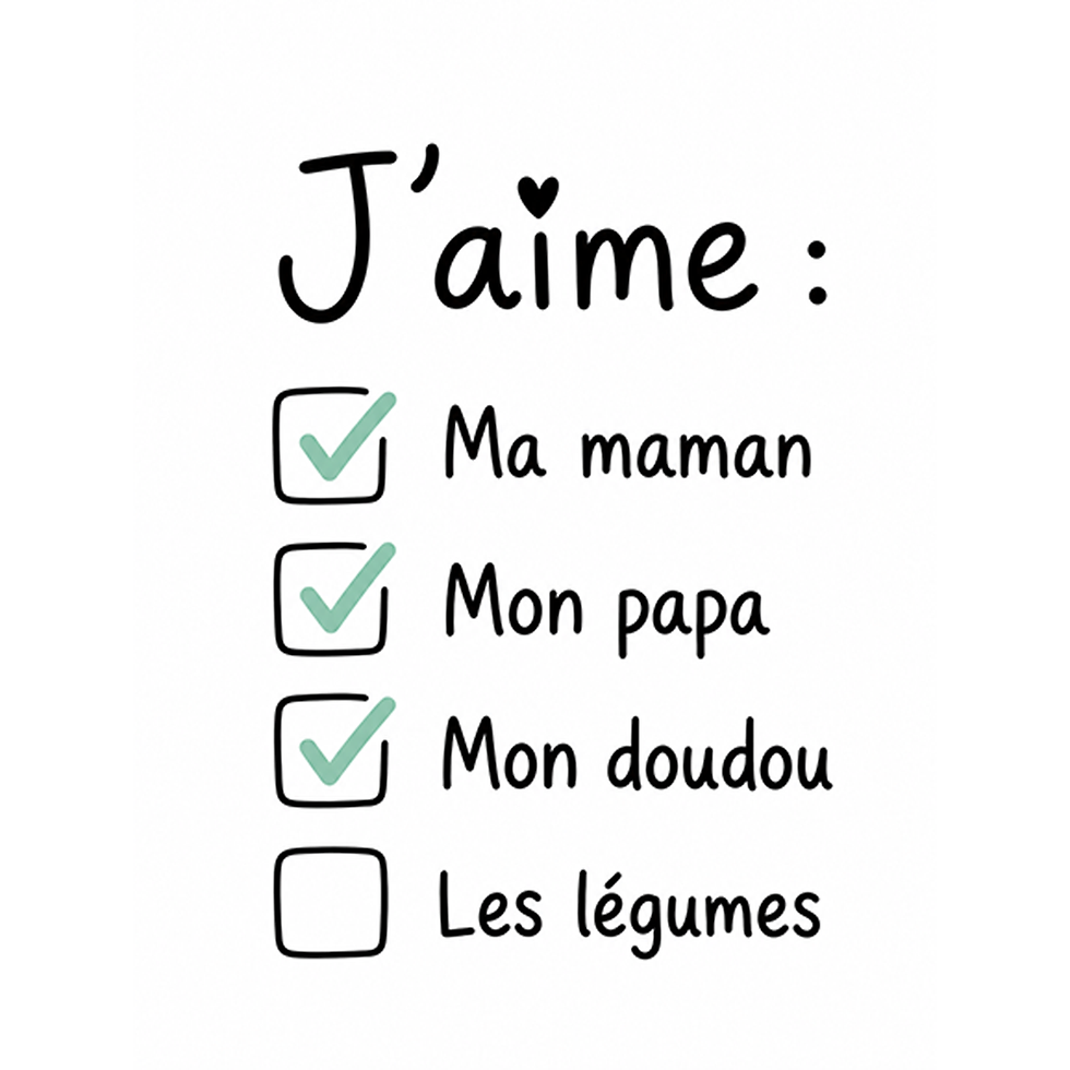 J'aime : Maman, papa, doudou (cochés), légumes (non coché).