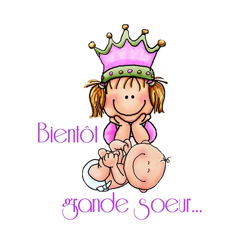 Fille couronnée et bébé, texte Bientôt grande soeur.