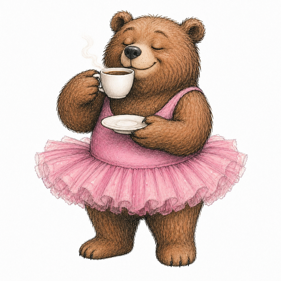 Ours brun en tutu rose buvant du thé