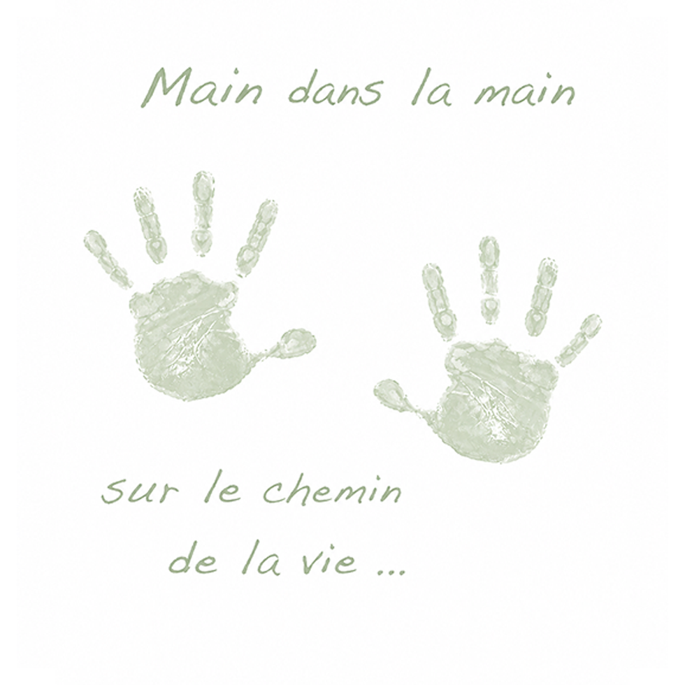 Main dans la main sur le chemin de la vie, avec empreintes de mains.