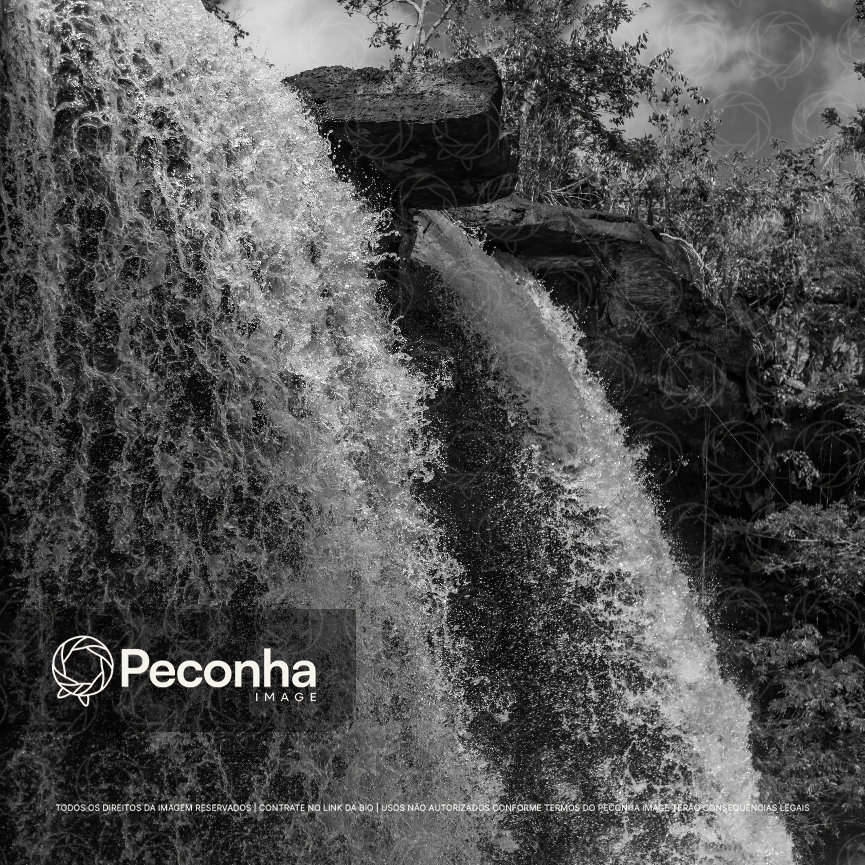 Cachoeira amazônica em preto e branco