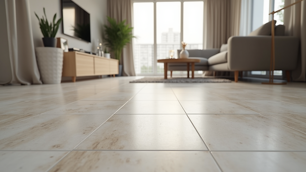 Eye-level view of modern living room floor with large porcelain tiles