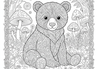 Детайлна антистрес картинка за оцветяване с малко мече в гора с големи гъби и цветни орнаменти – безплатен шаблон за принтиране - антистрес картинка за възрастни