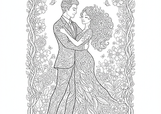 Романтична картинка за оцветяване с мъж и жена, които танцуват, заобиколени от богата флорална рамка - антистрес картинка за възрастни
