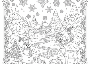 Коледна картинка за оцветяване със снежен пейзаж, елен, снежен човек и уютна къщичка в планината - антистрес картинка за възрастни