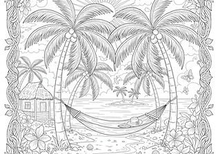 Лятна картинка за оцветяване с екзо тичен плаж, палми, хамак и морски бряг – тропическа антистрес илюстрация - антистрес картинка за възрастни