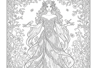 Красива жена с дълга ефирна рокля и птица на ръката – детайлен антистрес шаблон за оцветяване за възрастни.