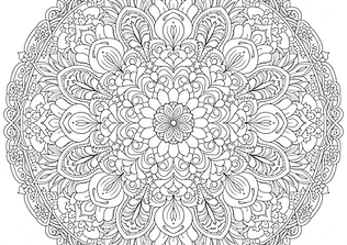 Богато орнаментирана мандала във формата на цвете с фини детайли, подходяща за арт терапия.