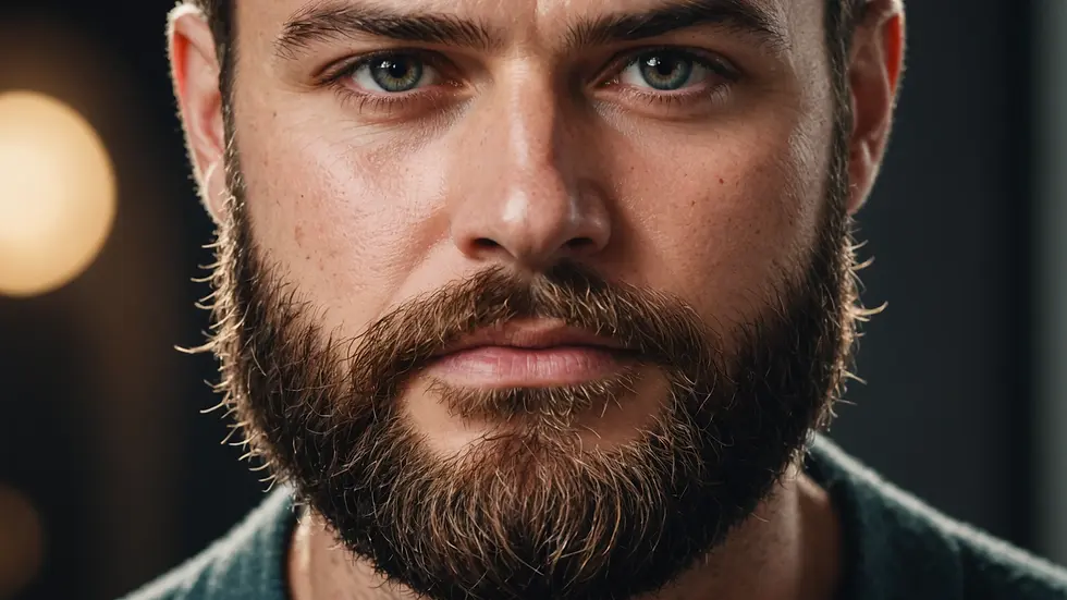 Eye-level view of a freshly trimmed beard with a subtle shine