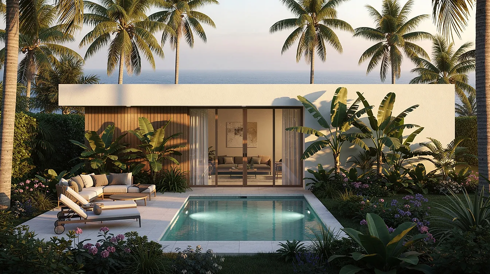 The image depicts a modern two-bedroom villa featuring a small private pool, surrounded by lush tropical plants, with glimpses of the ocean visible through swaying palm trees. This serene setting on Koh Phangan offers a perfect escape for budget travelers looking to enjoy the natural beauty and local food options available nearby.