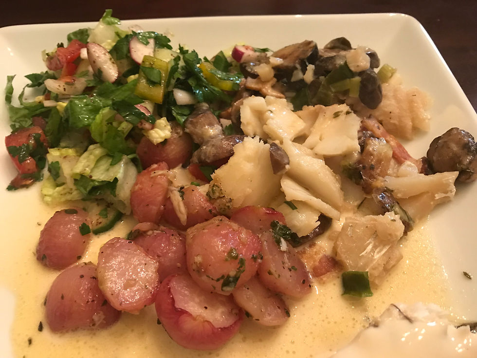 Roasted Radishes with Oven Baked Cod in Cream Sauce with Bacon