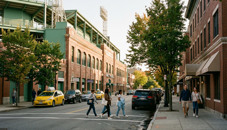 Wide-angle view of Fenway Park from a nearby city street with visitors walking toward the ballpark
