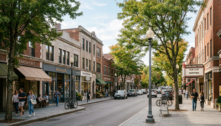 Wide-angle view of a tree-lined Coolidge Corner street with brick storefronts and pedestrians