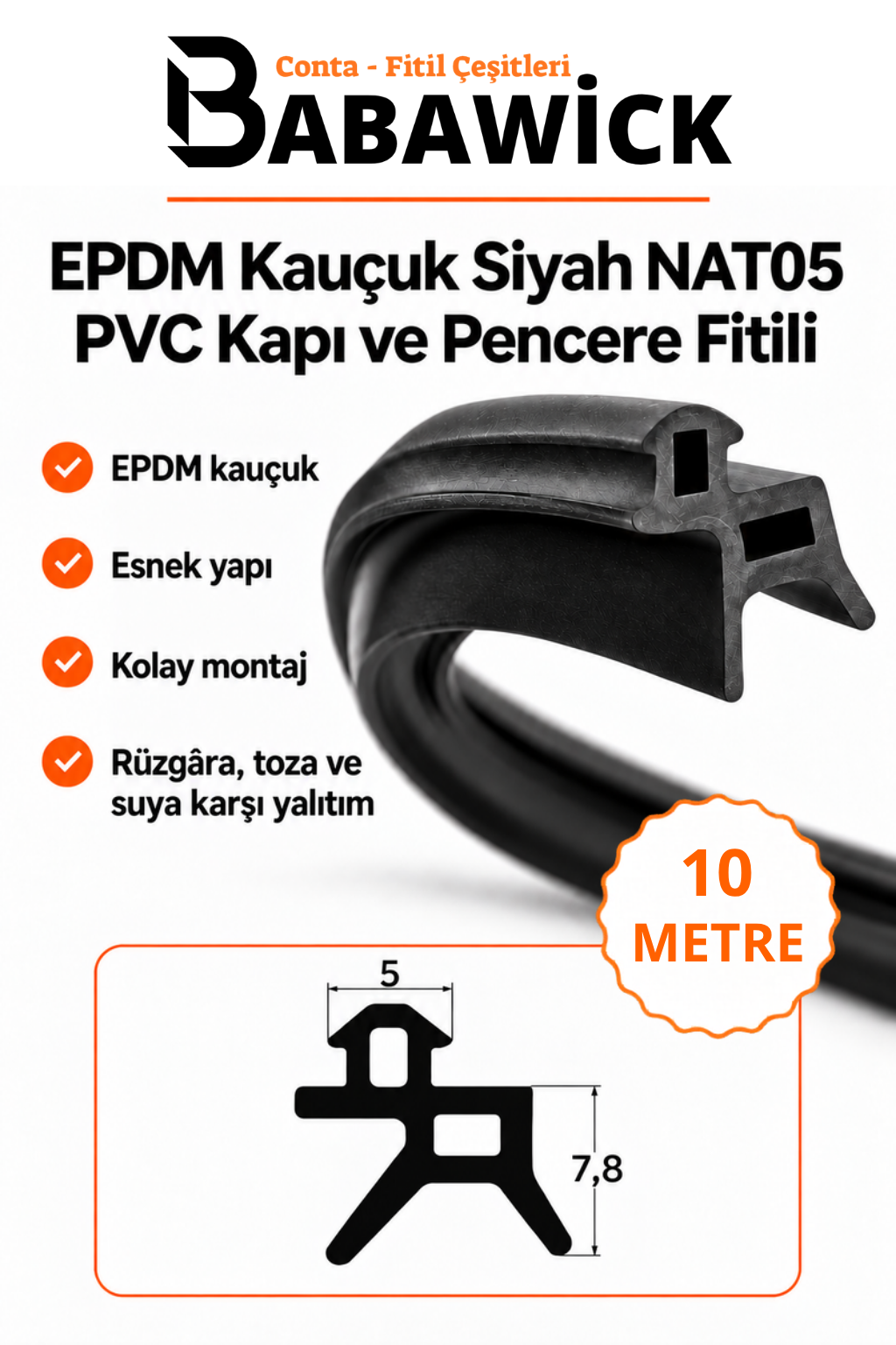 EPDM Kauçuk Siyah NAT05 PVC Kapı ve Pencere Fitili