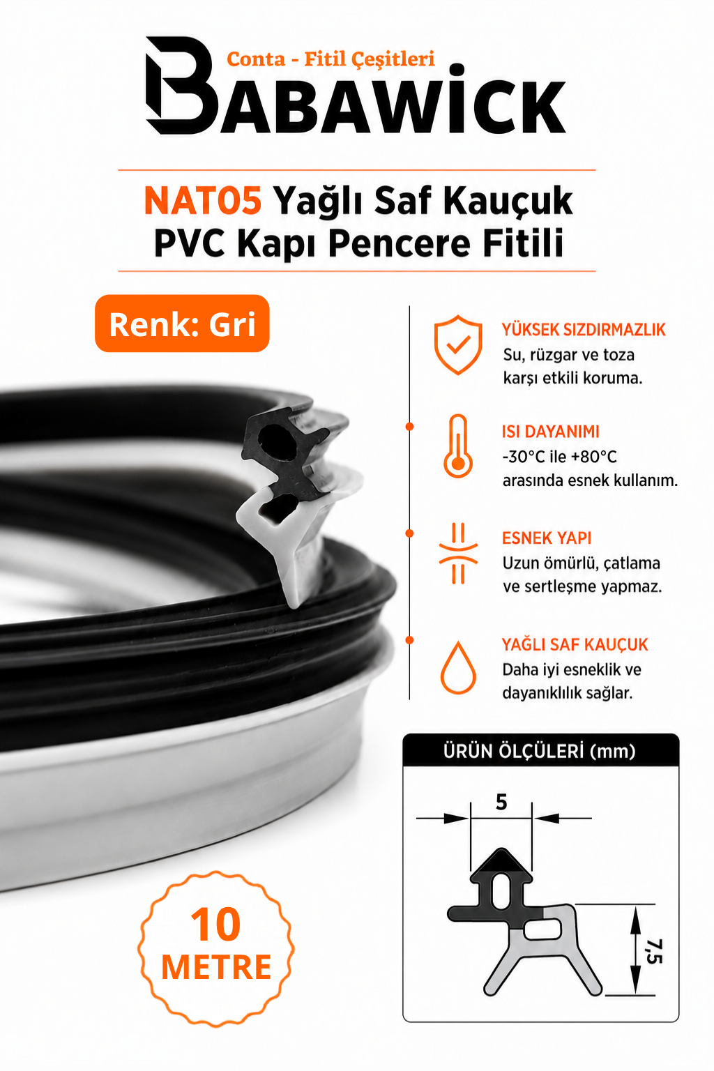 NAT05 Gri Saf Kauçuk PVC Kapı Pencere Fitili