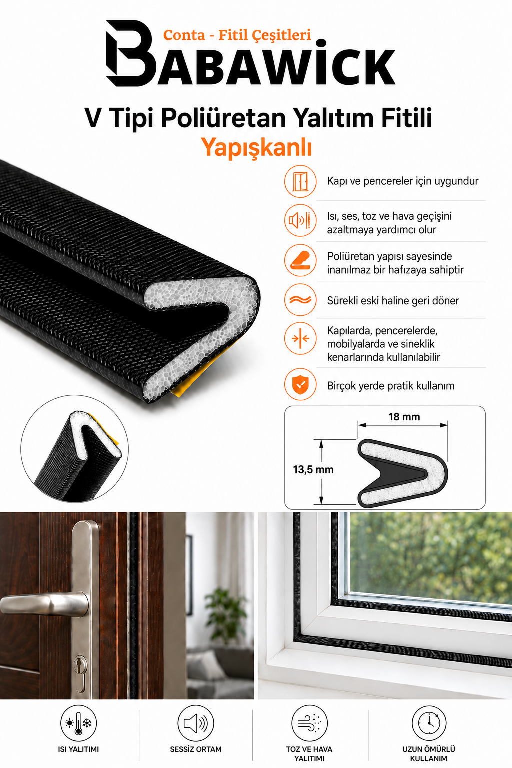 V Tipi Poliüretanlı Köpük Fitil, Kapı Pencere Contası (Büyük) 4 Metre