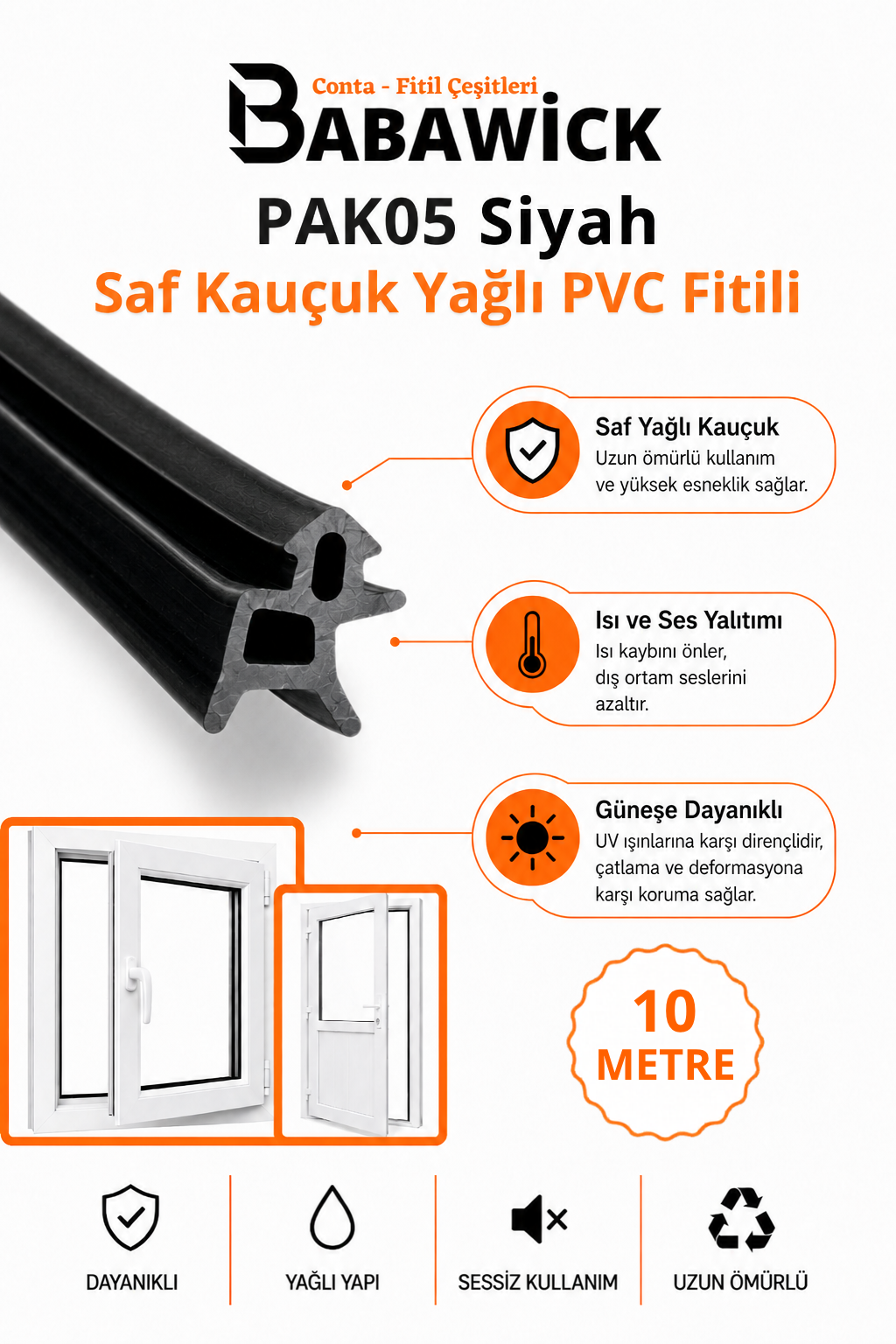PAK05 Siyah Saf Kauçuk PVC Kapı Pencere Fitili