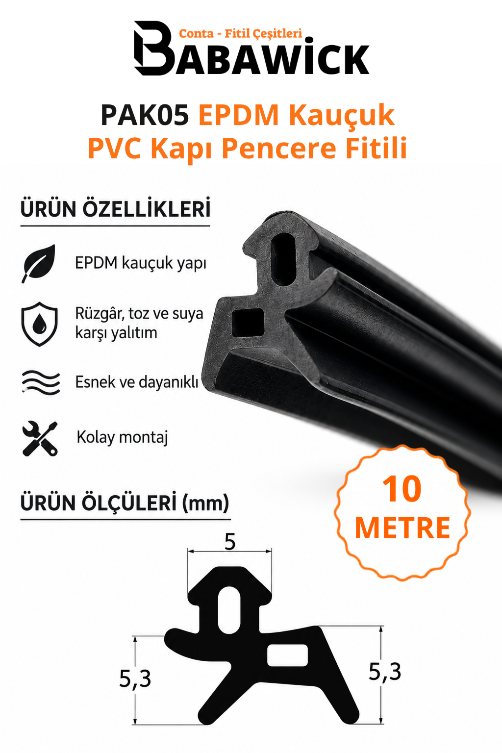 PAK05 Siyah EPDM Kauçuk PVC Kapı ve Pencere Fitili