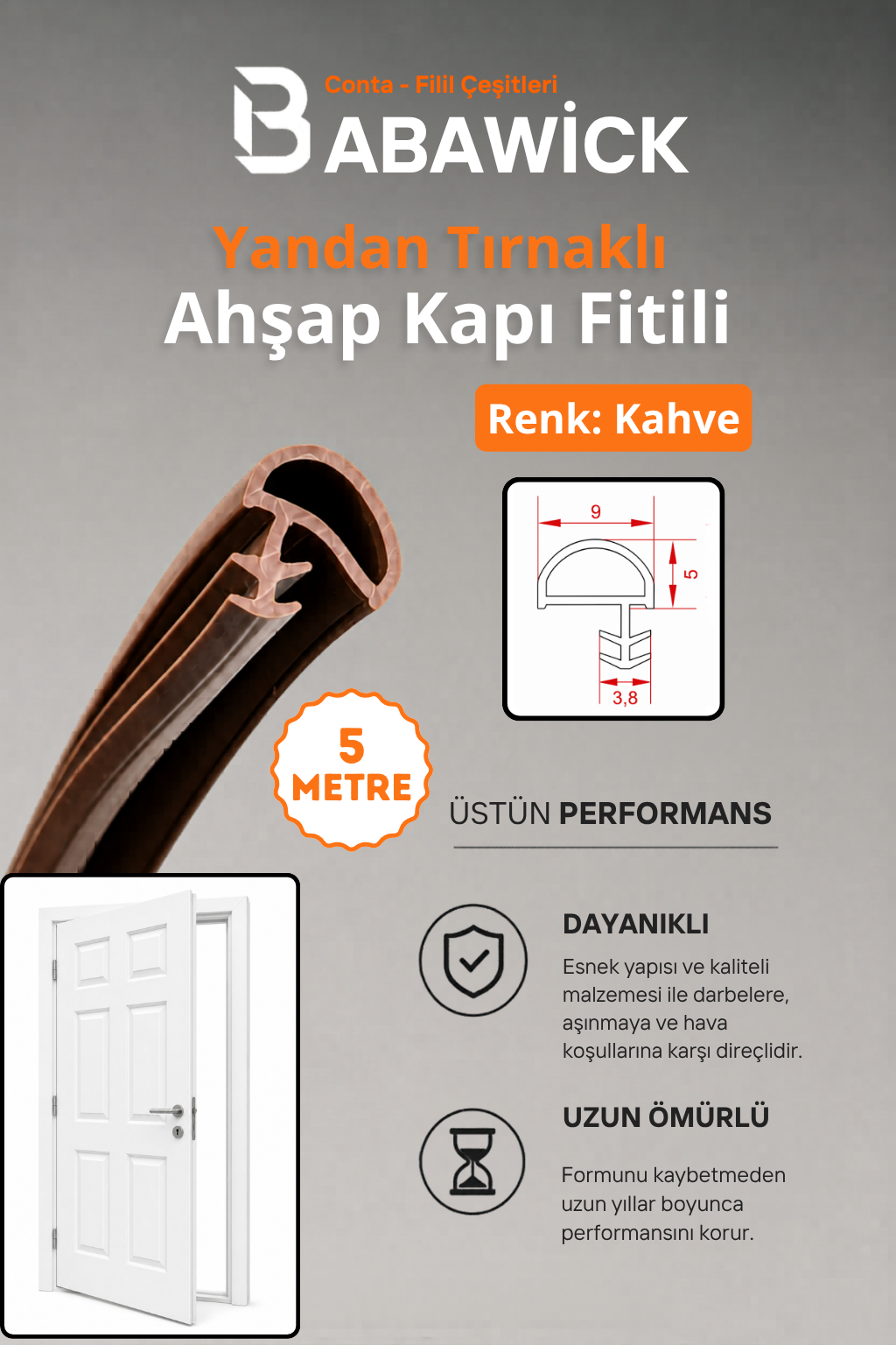 Yandan Tırnaklı Ahşap Kapı Fitili Kahve 5 Metre