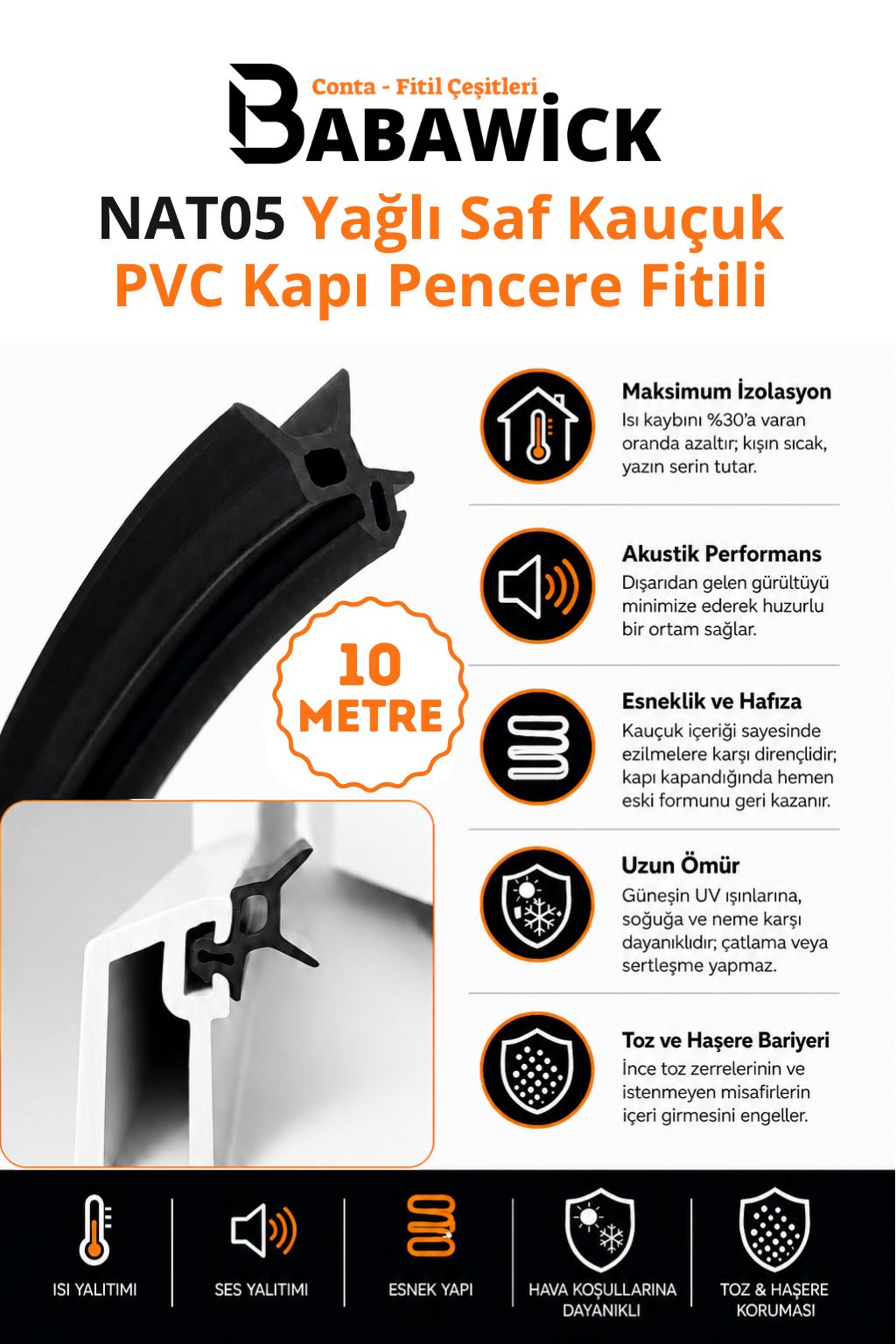 NAT05 Siyah Saf Kauçuk PVC Kapı Pencere Fitili