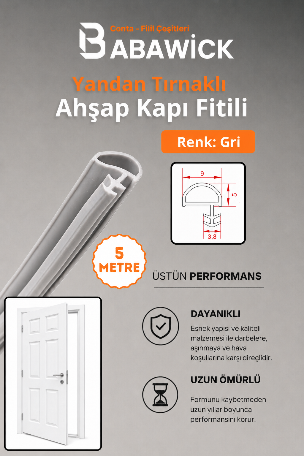 Yandan Tırnaklı Ahşap Kapı Fitili Gri 5 Metre