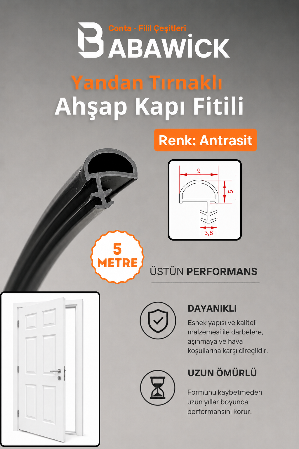 Yandan Tırnaklı Ahşap Kapı Fitili Antrasit 5 Metre