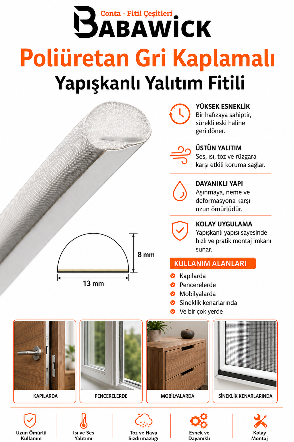 Yapışkanlı Kapı Pencere Fitili 4 Metre Polietilen Kaplamalı Uzun Ömürlü Gri Renk