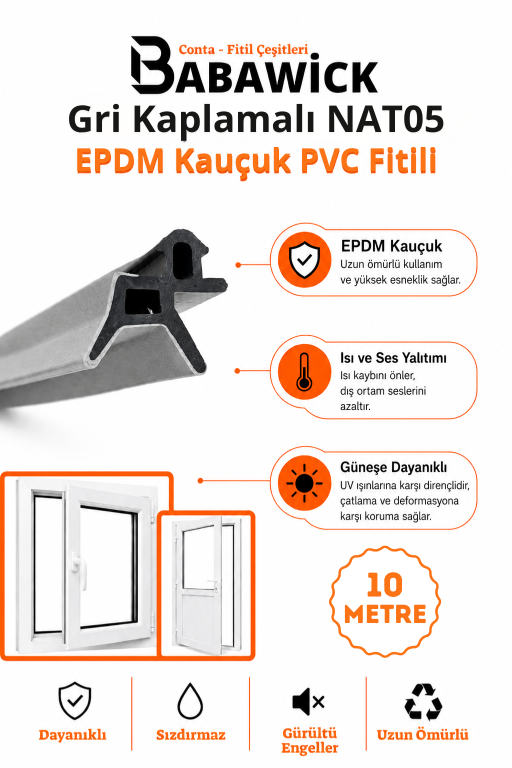 NAT05 Gri Kaplamalı EPDM Kauçuk PVC Kapı ve Pencere Fitili