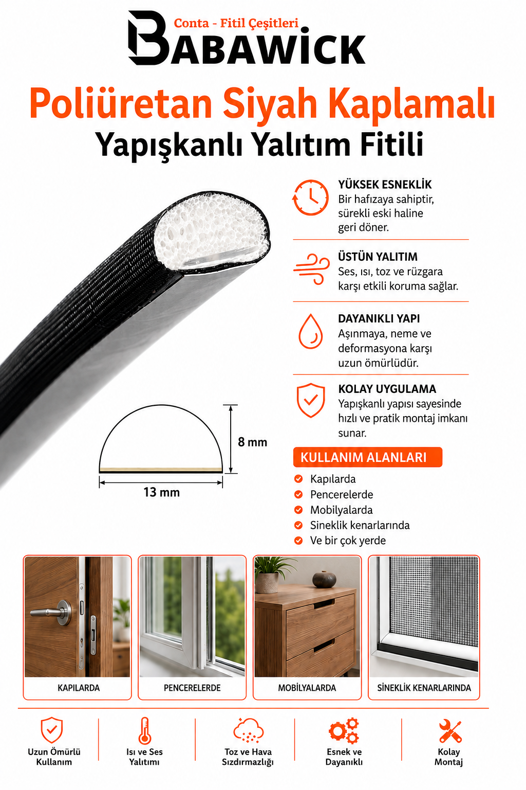 Yapışkanlı Kapı Pencere Fitili 4 Metre Polietilen Kaplamalı Siyah Renk