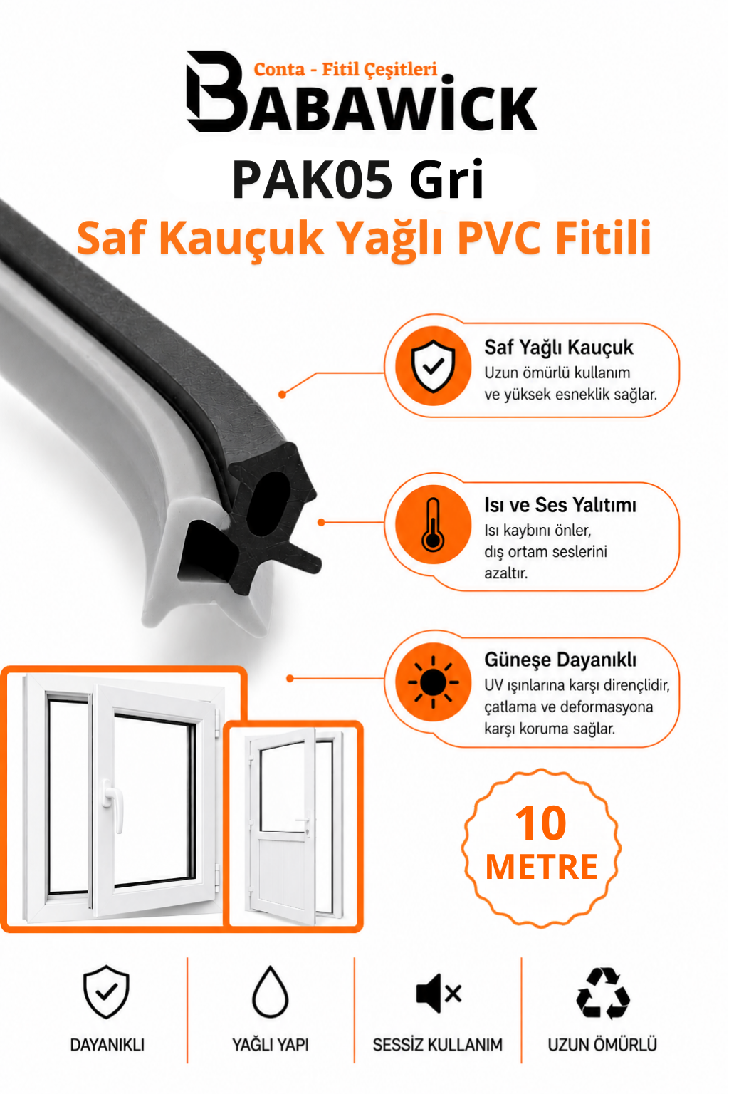 PAK05 Gri Saf Kauçuk PVC Kapı Pencere Fitili