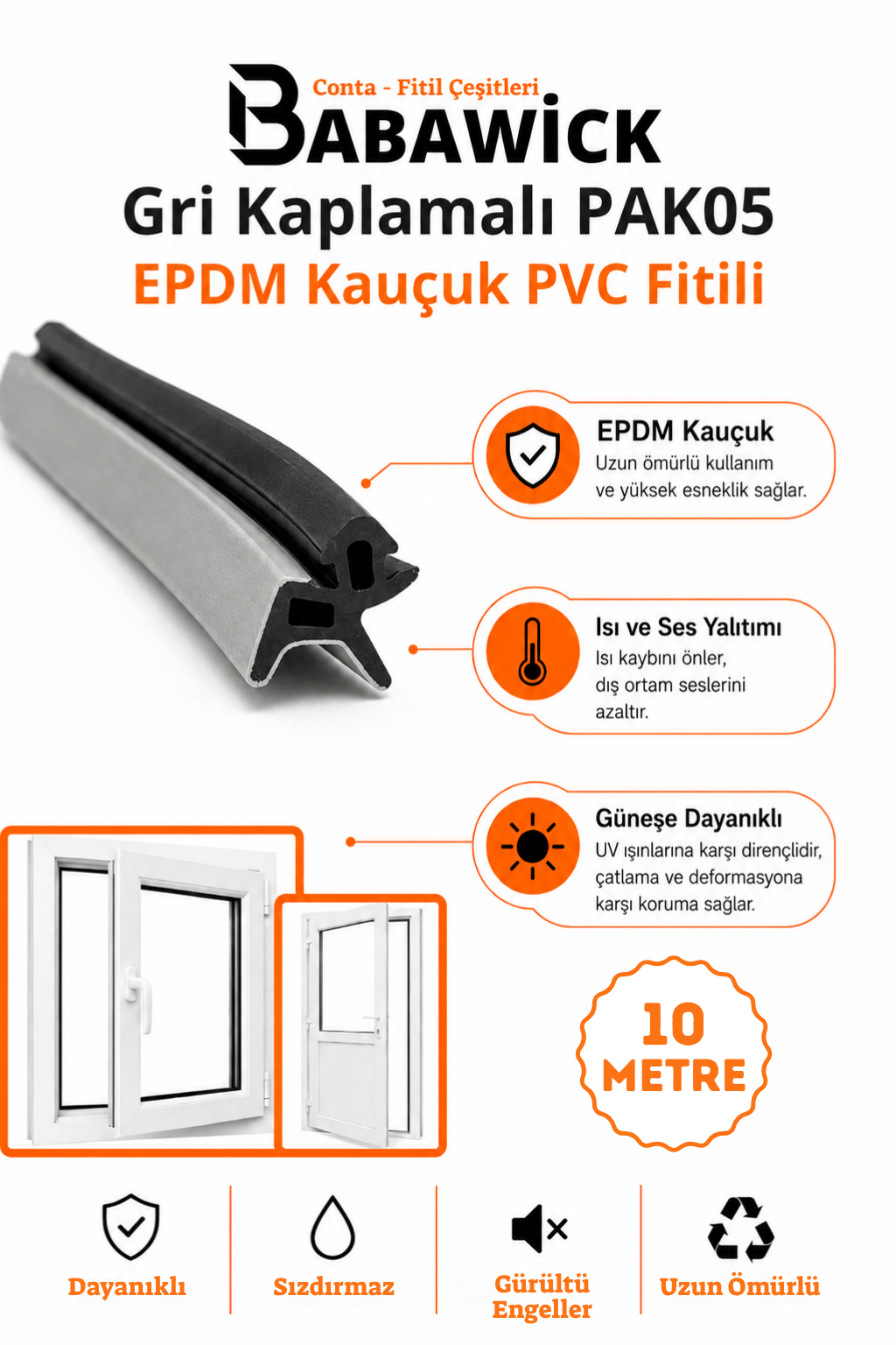 PAK05 Gri Kaplamalı EPDM Kauçuk PVC Kapı ve Pencere Fitili