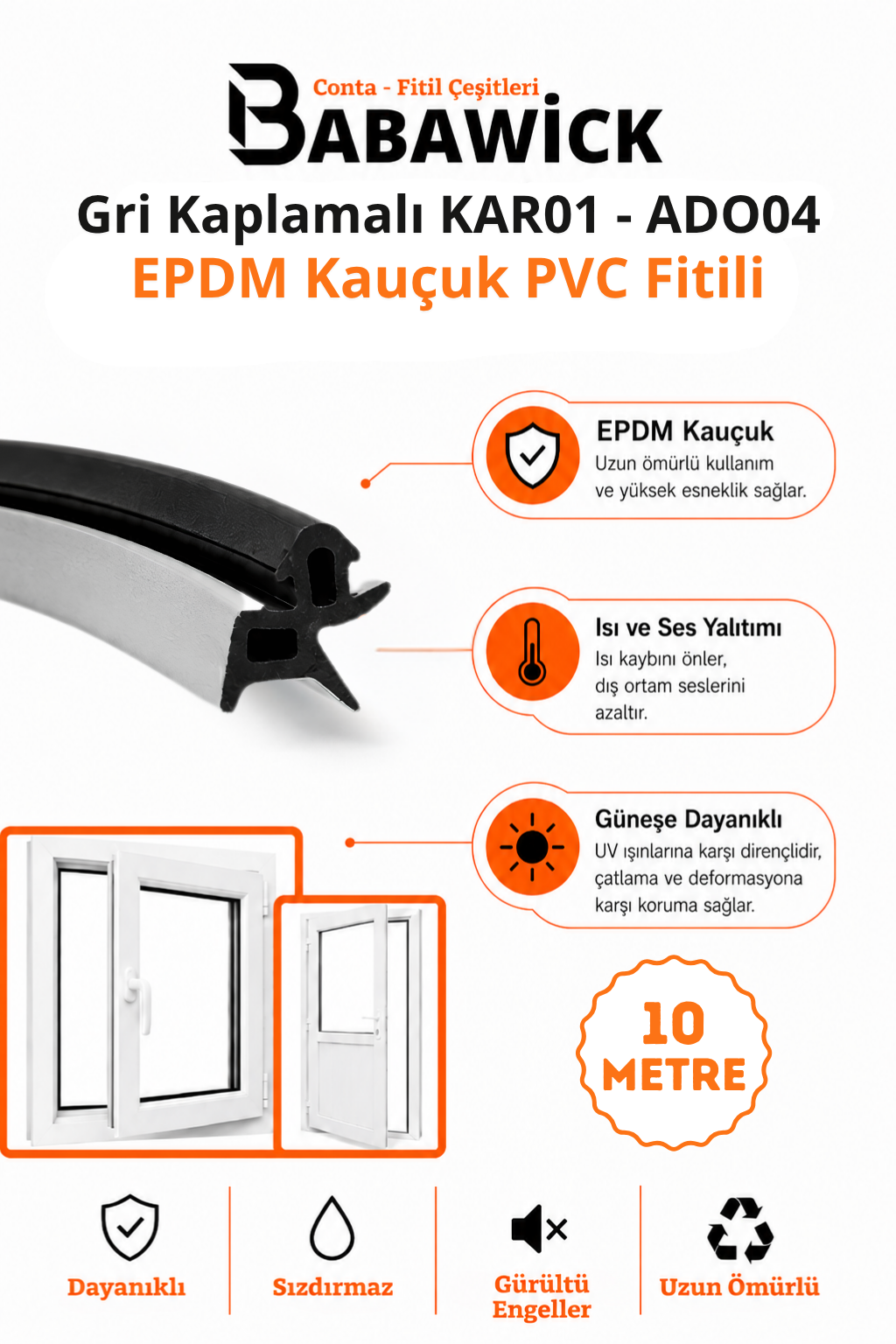 KAR01- ADO04 Gri Kaplamalı EPDM Kauçuk PVC Kapı ve Pencere Fitili