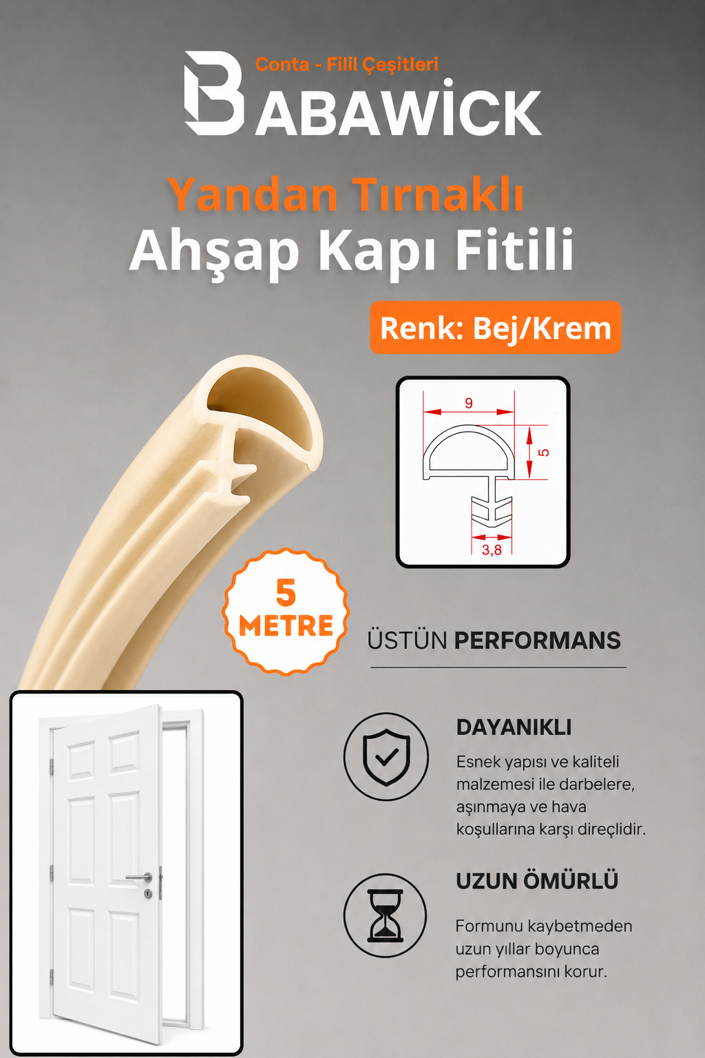 Yandan Tırnaklı Ahşap Kapı Fitili Bej/Krem 5 Metre