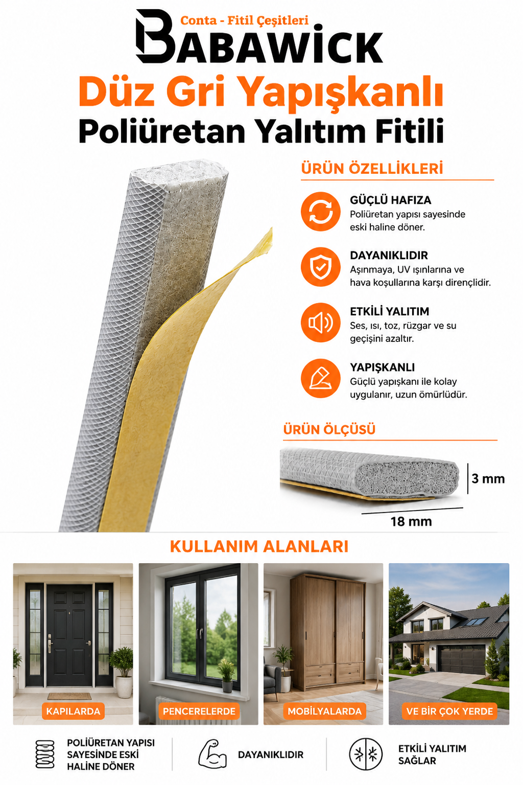 Kendinden Yapışkanlı Bütün Kapı Pencerelere Uyumlu Yalıtım Fitili 4 Metre Gri