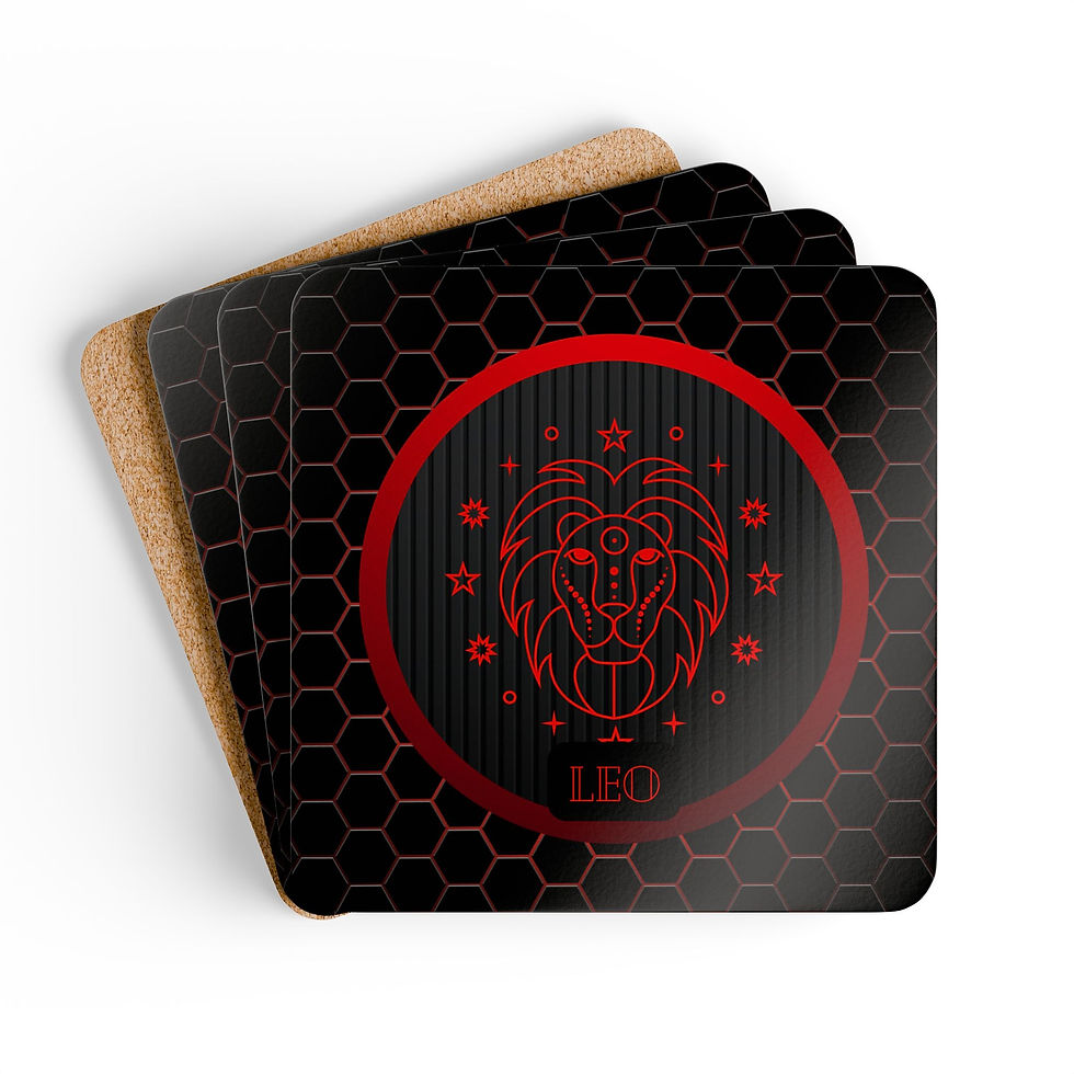 Zodiac Sign Leo, Corkwood Coaster Set of 4, Red and Black Design