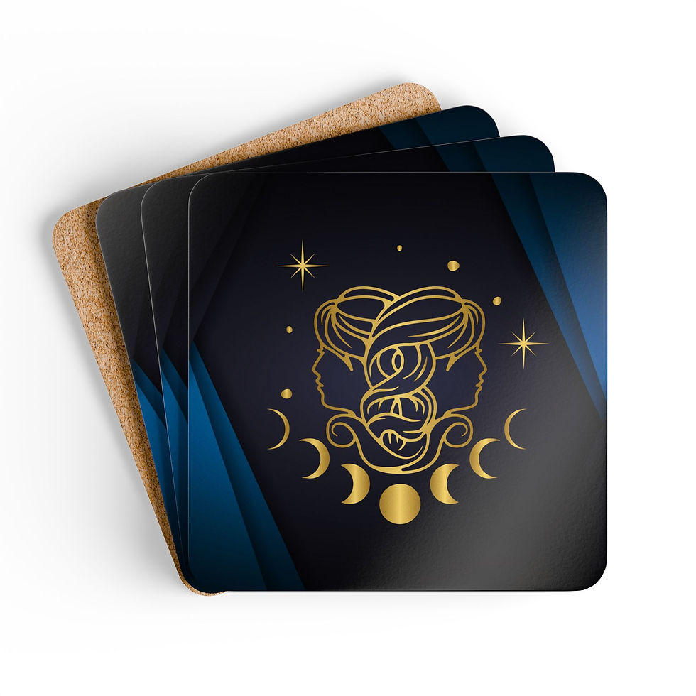 Zodiac Sign Gemini, Corkwood Coaster Set of 4, Black, Blue and Gold Design
