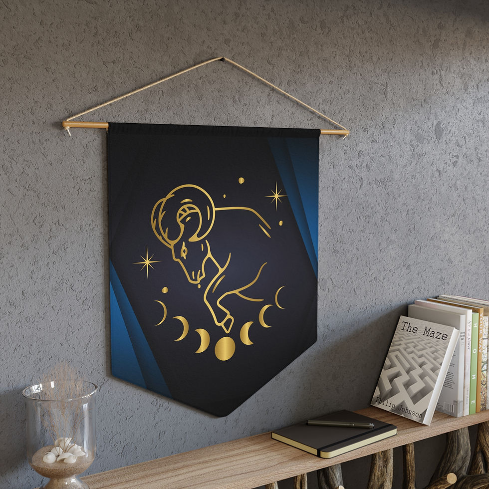 Pennant, Zodiac Sign Aries, Moon Phase, Black, Blue and Gold Design