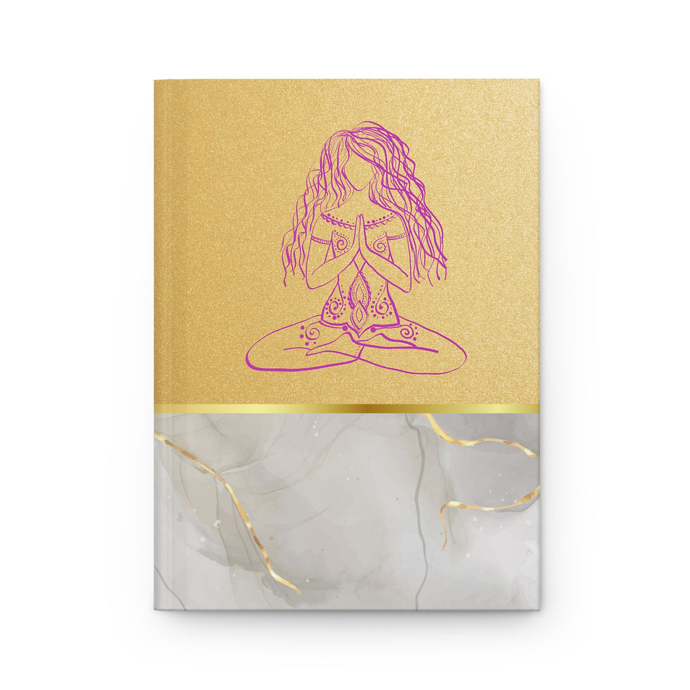 Woman Meditating Hardcover Journal, White Marble, Pink and Gold