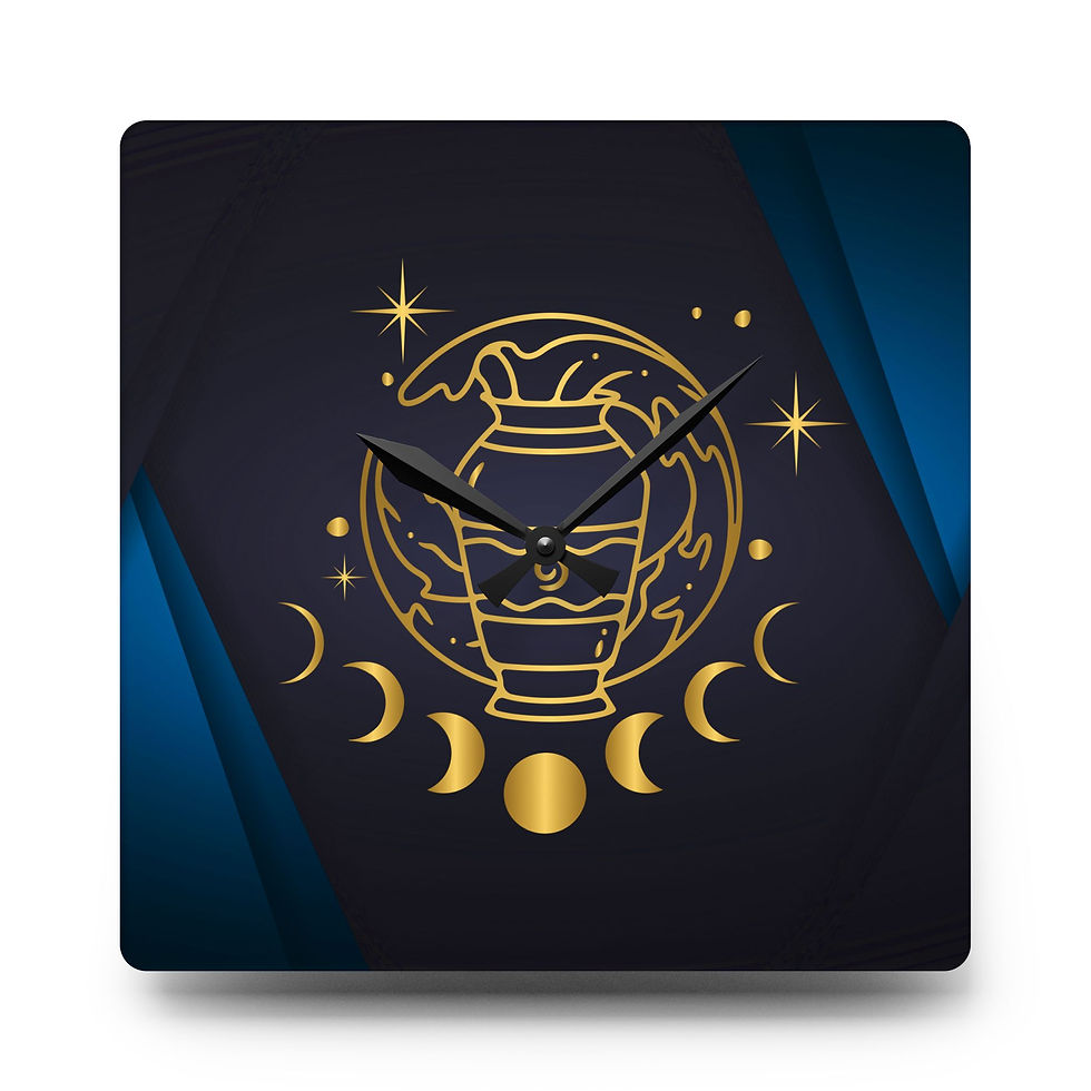 Square Acrylic Wall Clock, Zodiac Sign Aquarius, Black, Blue and Gold Design