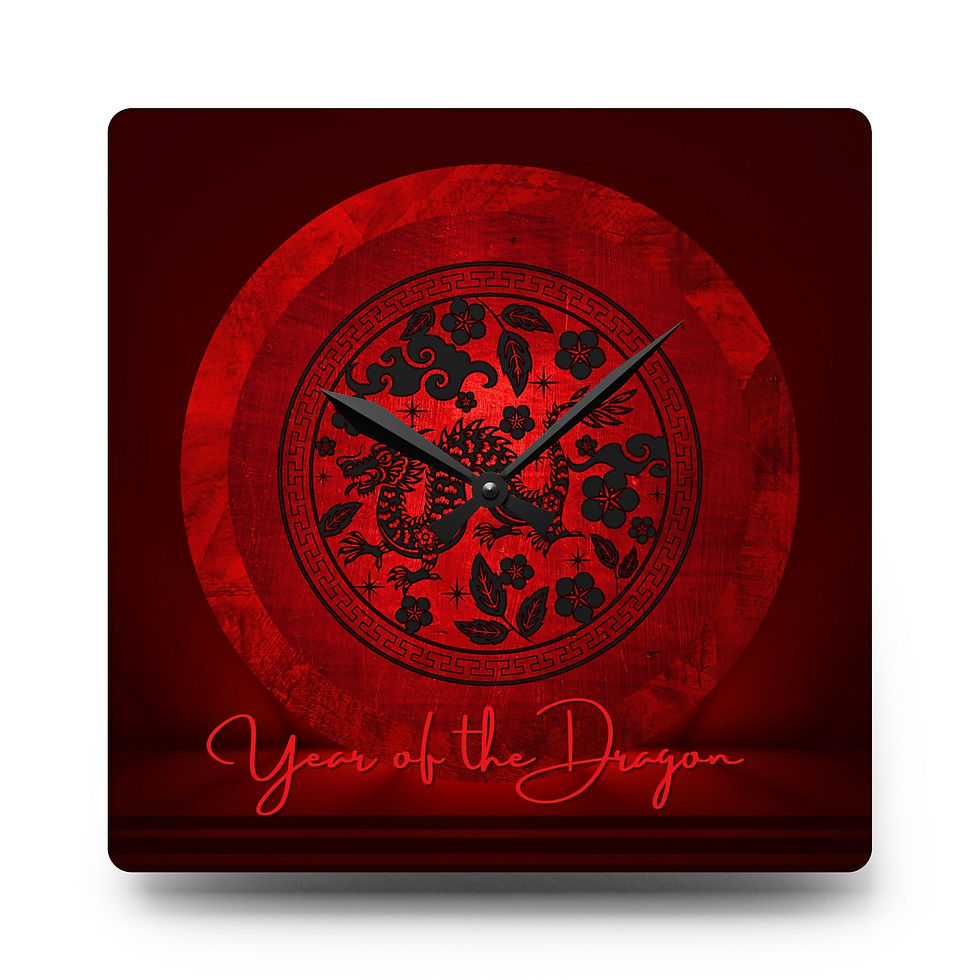 Square Acrylic Wall Clock, Year of the Dragon, Red and Black, Red Lettering