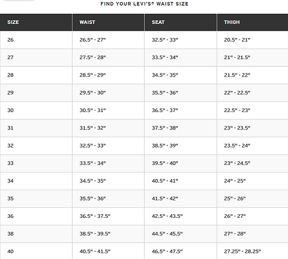 Size chart for levi's discount