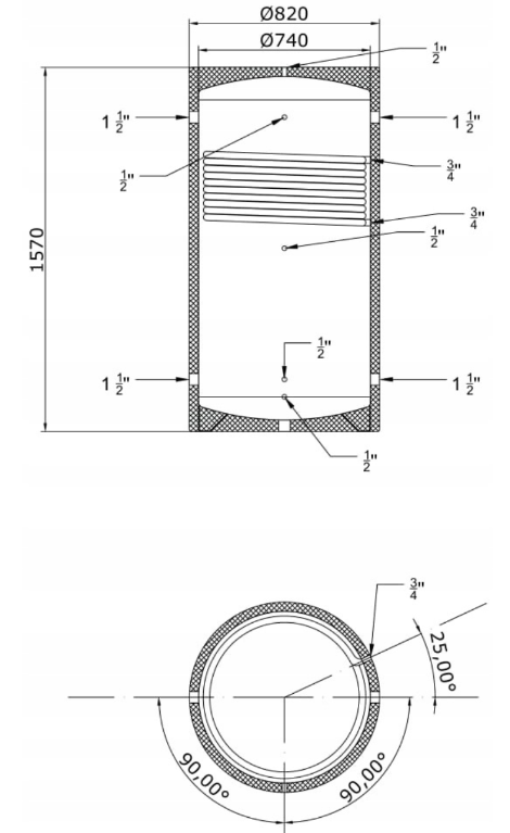 Miniatura: Zbiornik buforowy 600 litrów, z jedną wężownicą 2m2, rysunek