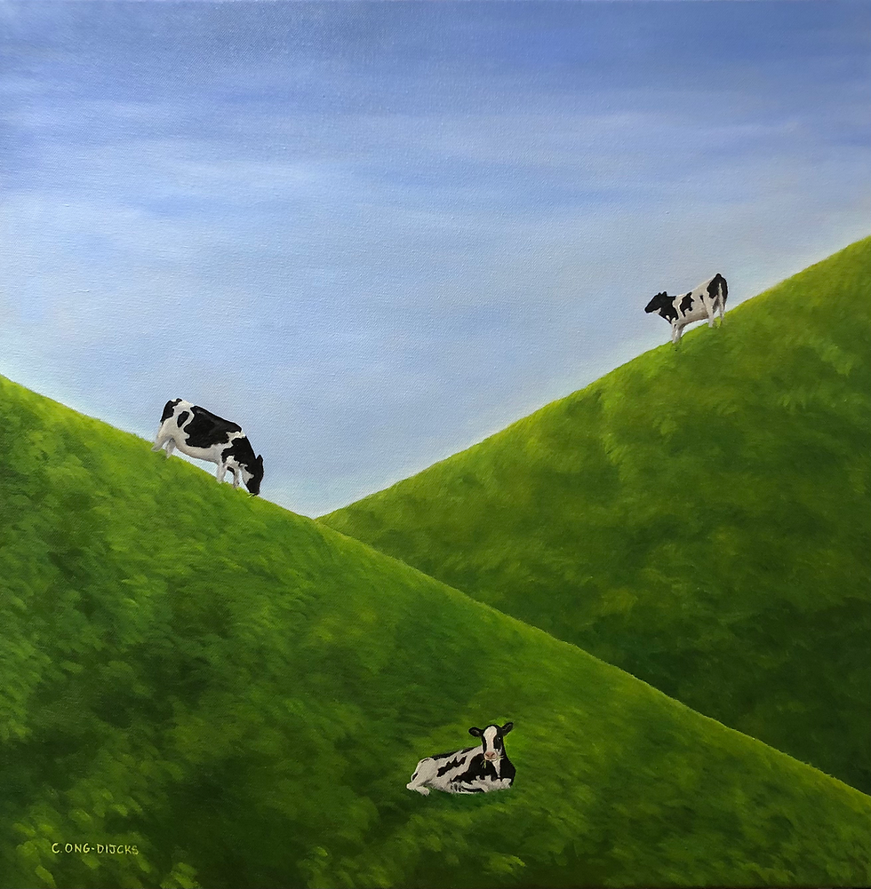 The world in squares series - a stylistic New Zealand landscape with cows on diagonal lines of the hills