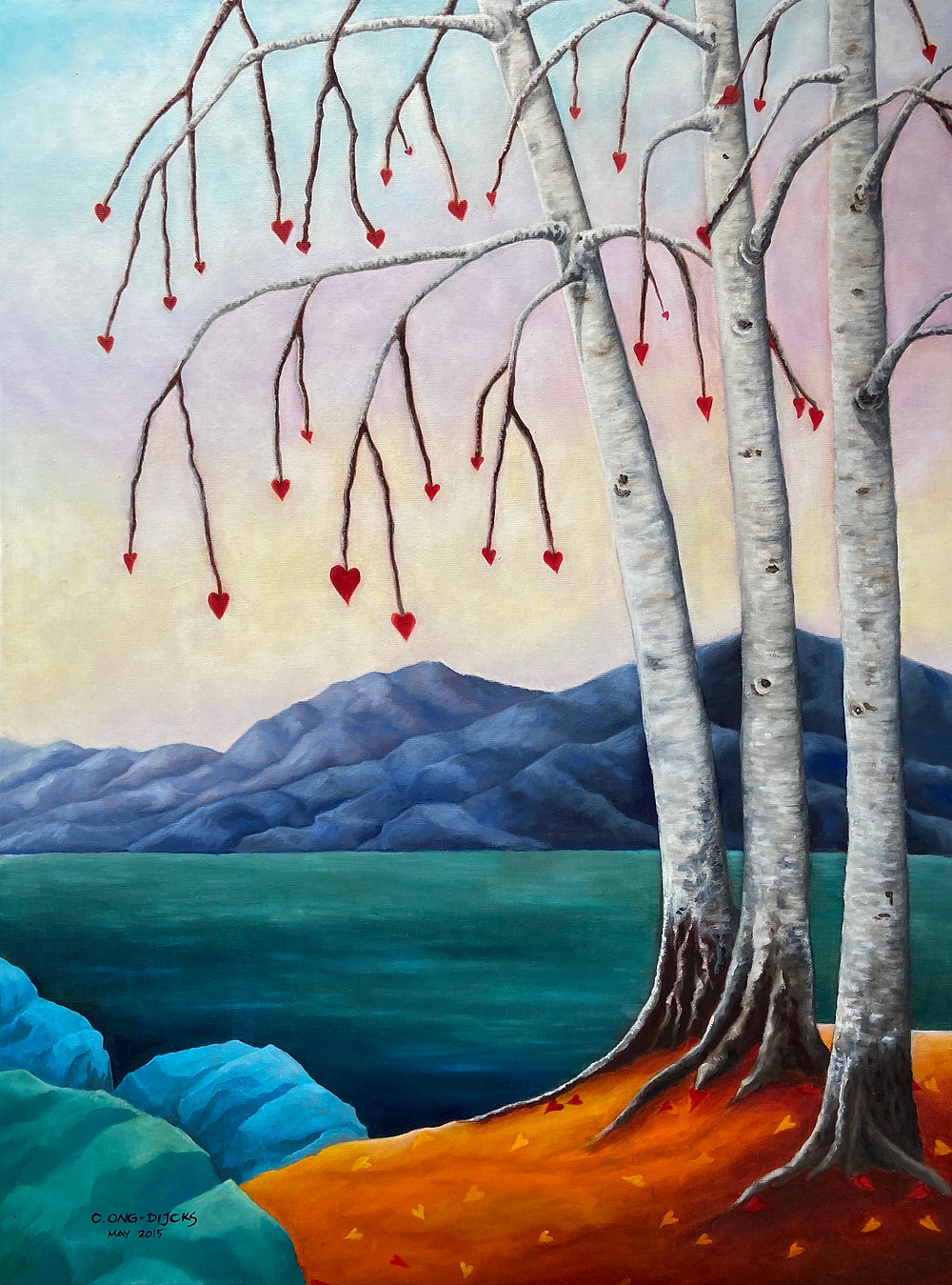 Lovely birch trees growing hearts of love