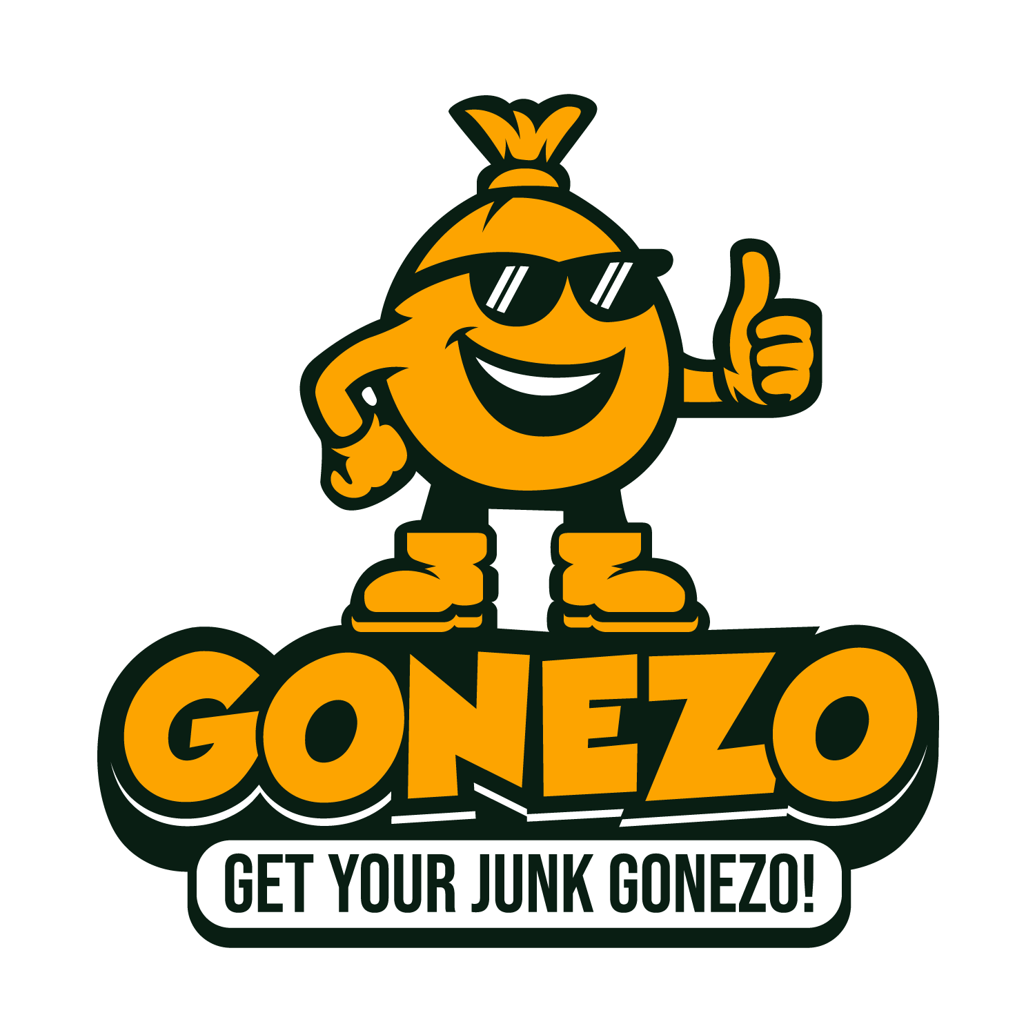 Gonezo Junk Removal mascot giving thumbs up with slogan "Get Your Junk Gonezo!