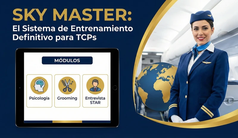 Banner promocional del curso SKY MASTER mostrando a una azafata profesional con uniforme azul impecable y una tablet que visualiza los módulos del programa: Psicología, Grooming y Entrevista STAR, junto al texto 'El Sistema de Entrenamiento Definitivo para TCPs'.