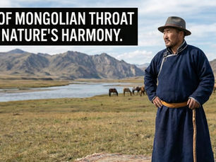 A Mongolian man in a dark blue deel and a hat stands prominently on a traditional rug in the middle of a vast, open steppe. The background features a winding river, grazing horses, and rolling mountains under a bright sky. He holds a wooden staff, looking out over the landscape. Text overlay: ORIGINS OF MONGOLIAN THROAT SINGING: NATURE'S HARMONY.