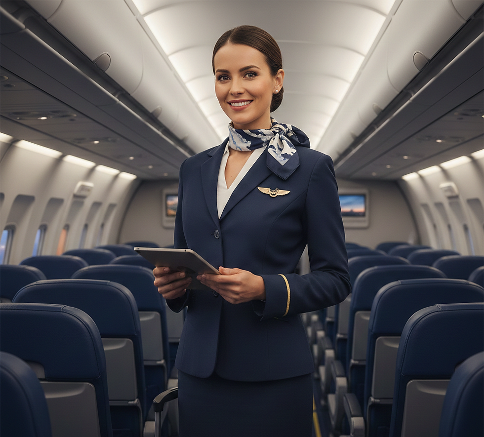 Azafata de pie en la cabina de pasajeros de un avion.